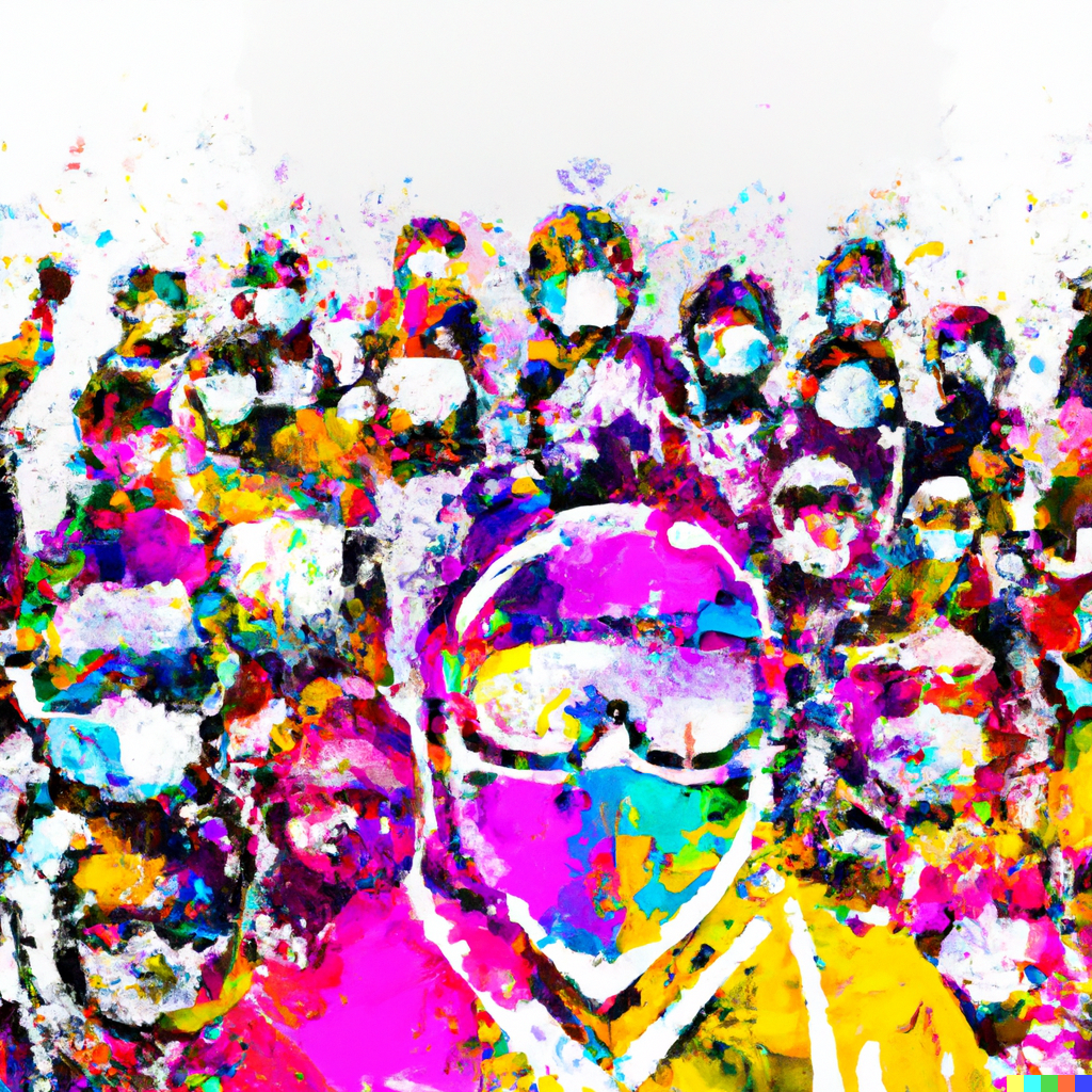 a colorful group of people wearing masks for safety 