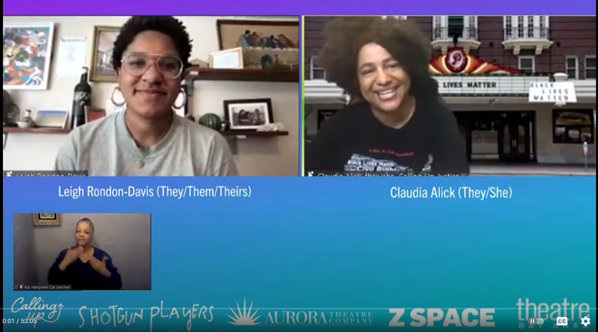 two black people in virtual conversation with sign intreperter and theater logos