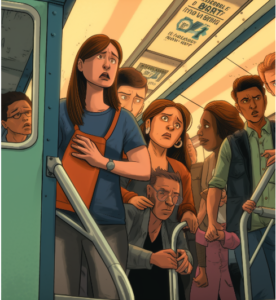 bystanders on a train image made on midjourney