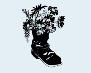 Black and white drawing of wildflowers in a boot