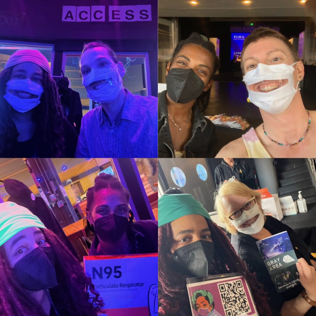 grid of four photos of smiling access doula selfies at the table.  some have black masks, clear masks, and white masks. 