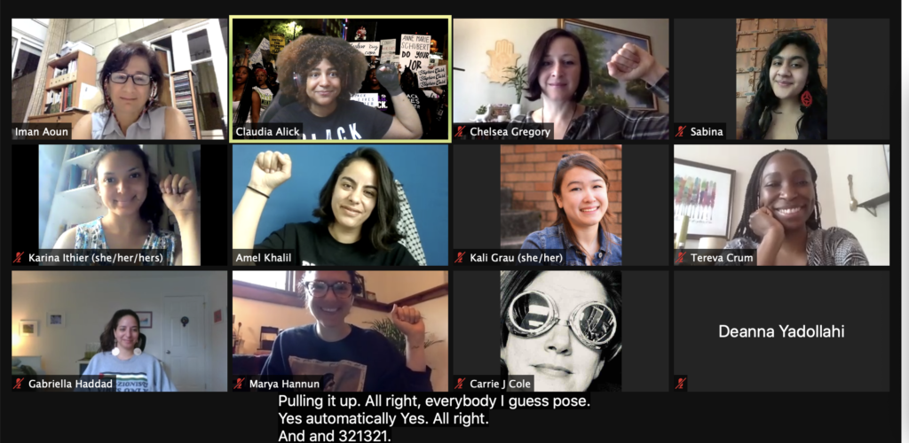 screencap of digital recording session of diverse theater artists from texas, new york, california, israel, and palestine. 12 boxes of faces.  caption reads "pulling it up. All right, everybody I guess pose. Yes automatically Yes. All right. And and 321321." 