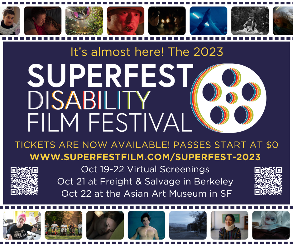 superfest disability film festival popster with film images and a reel and words about festival 2023