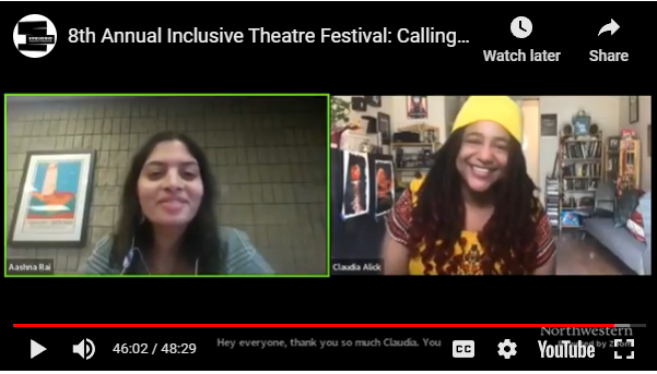 claudia alick and aashna rai in zoom doing final remarks at 8th annual inclusive theater festival
