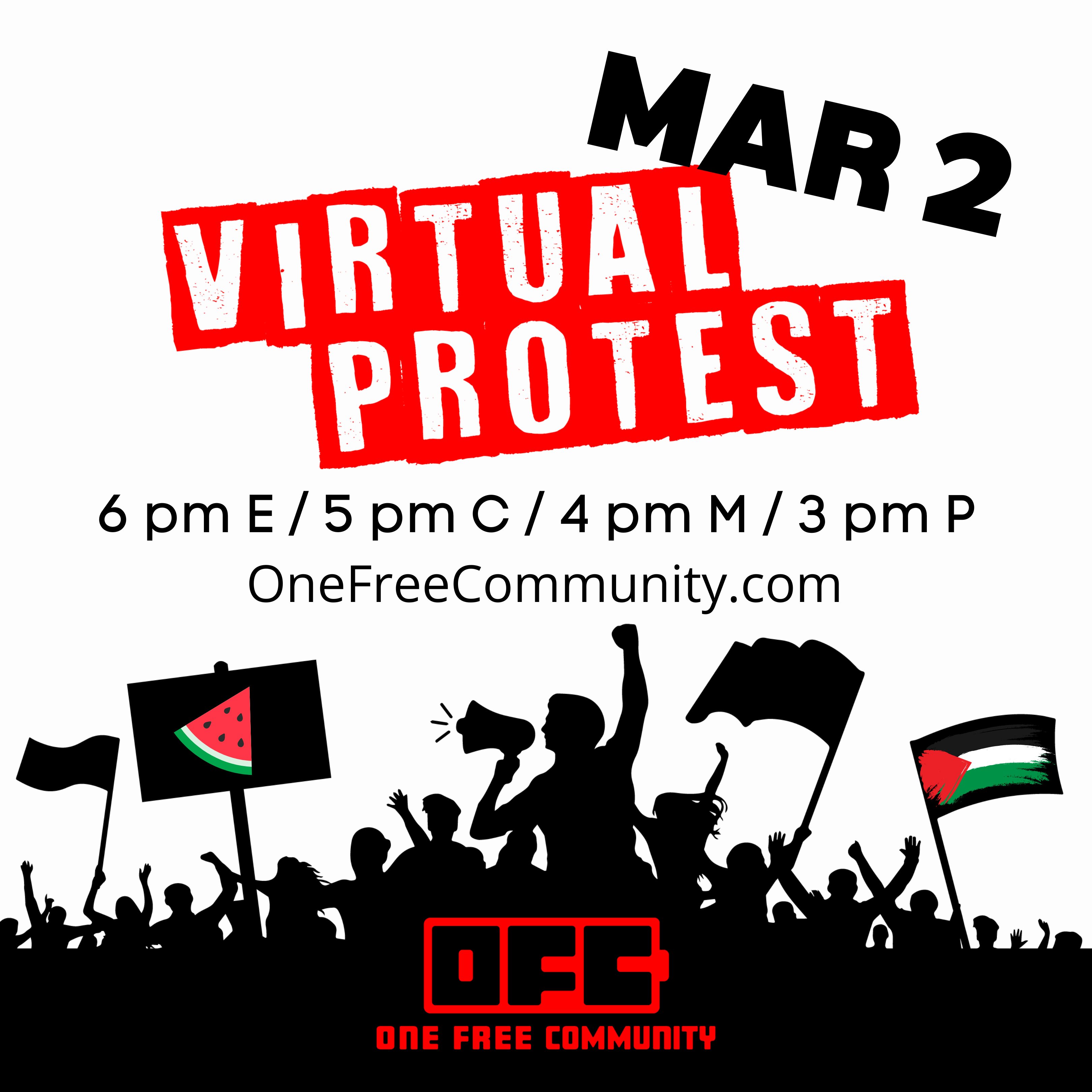 Virtual Protest flier with Mar 2 date and time.