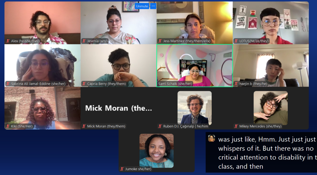 screenshot of zoom meeting with the emerge fellows and visiting community partner Dr. Sami Schalk.