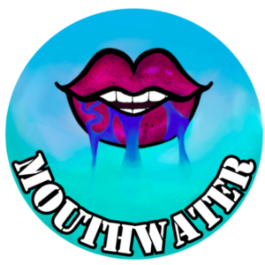 The words MouthWater in white font on a blue gradient circle logo. Dark Pink lips drawn with mouth agape, teeth parted and blue water dripping out.