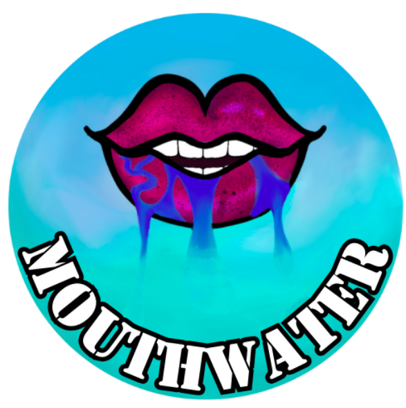 The words MouthWater in white font on a blue gradient circle logo. Dark Pink lips drawn with mouth agape, teeth parted and blue water dripping out.