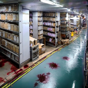 endless backroom of a bigbox store with mysterious smears of red on the floor