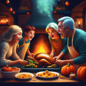 spooky family prepping thanksgiving in front of the oven