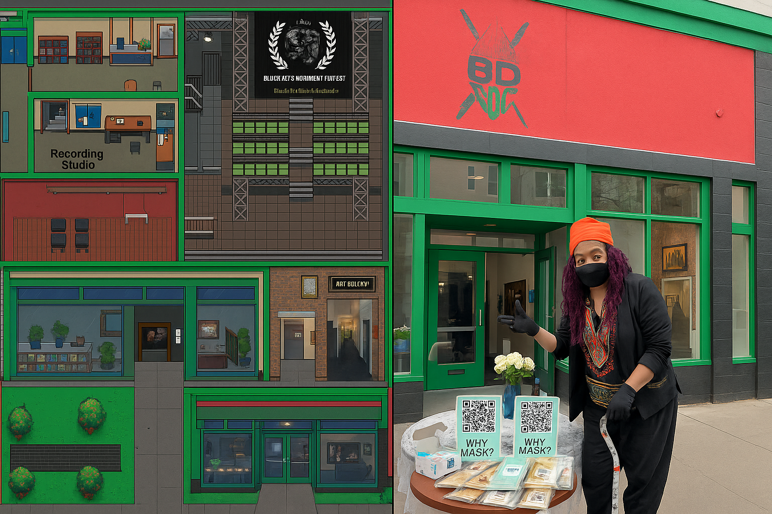 A split-image composition showing hybrid digital placemaking: on the left, a pixel-art map of an arts center with multiple rooms and gathering spaces; on the right, a real photograph of the same building exterior and interior, where one person stands outside a green-framed arts venue beside a small table with masks and printed materials. The image contrasts virtual infrastructure and physical community care within a shared cultural space.