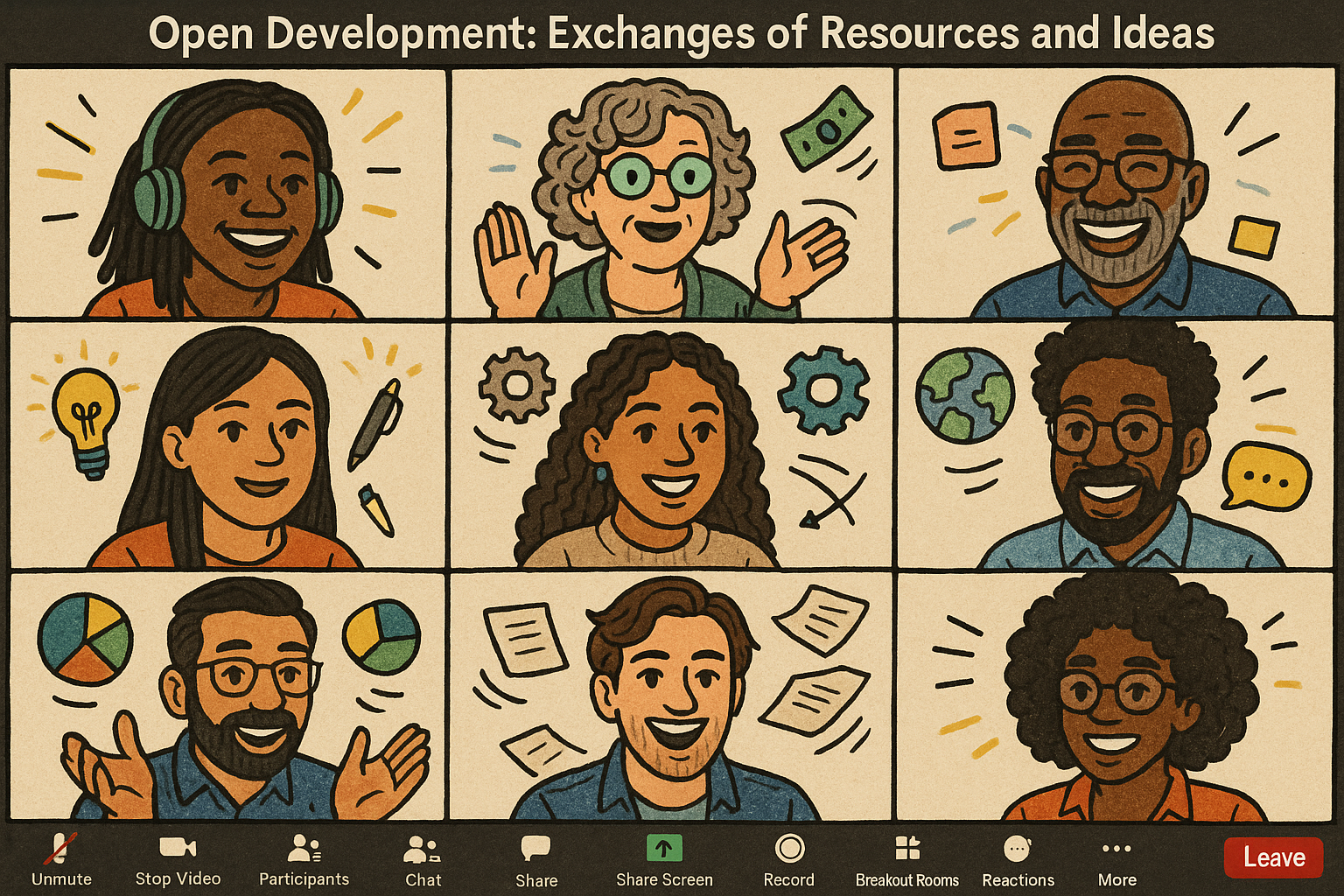 An illustrated Zoom meeting shows nine diverse participants in a 3x3 grid, each drawn in a warm, hand-drawn style with bold outlines and textured colors. Above or around each person float symbols representing ideas and resource exchange—lightbulbs, gears, money, charts, papers, speech bubbles, and globes. The participants appear joyful, expressive, and engaged in conversation. At the bottom of the image is a stylized Zoom interface bar with icons for mute, video, participants, chat, share screen, record, breakout rooms, reactions, and leave.