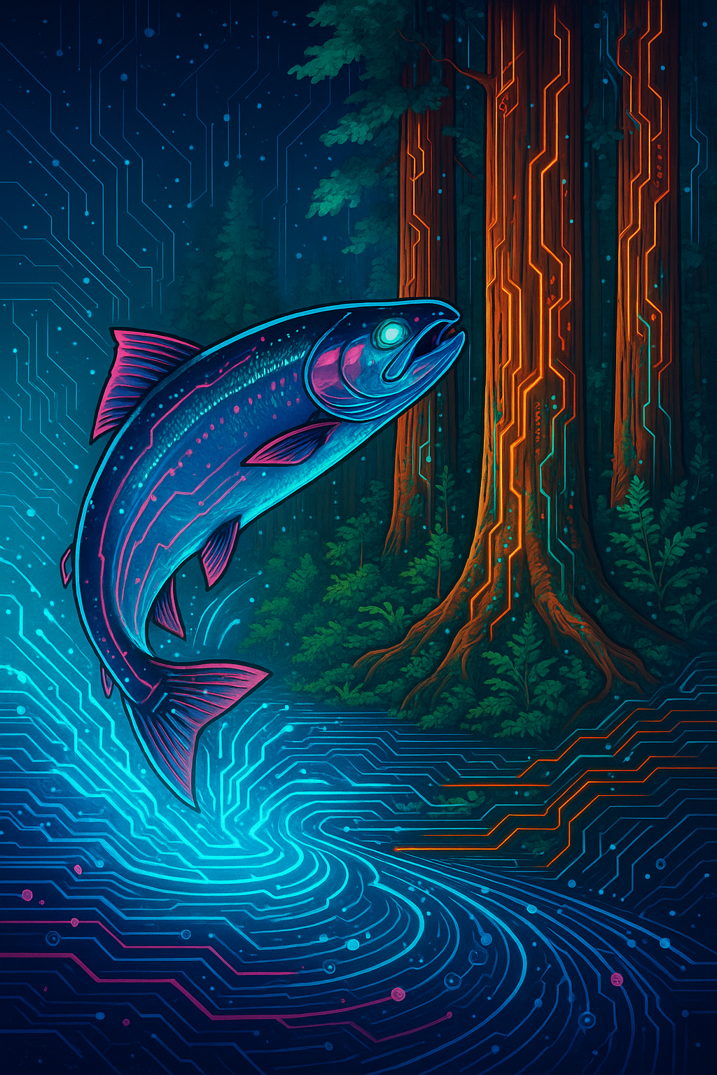 a salmon leaping in a forest connected by technology