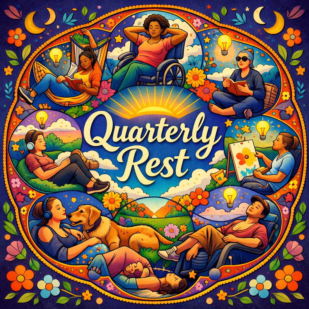 Colorful mandala-style illustration showing a circle of disabled people resting in different ways around the words “Quarterly Rest.” Figures include people in wheelchairs, someone lying down, someone in a hammock reading, someone with headphones relaxing with a service dog, and others painting, meditating, or reclining. Light bulbs and glowing symbols appear around them to represent moments of insight and epiphany. The scene is surrounded by bright flowers, stars, moons, and leafy patterns in vibrant blues, oranges, and purples, creating a joyful, peaceful atmosphere of collective rest and renewal.