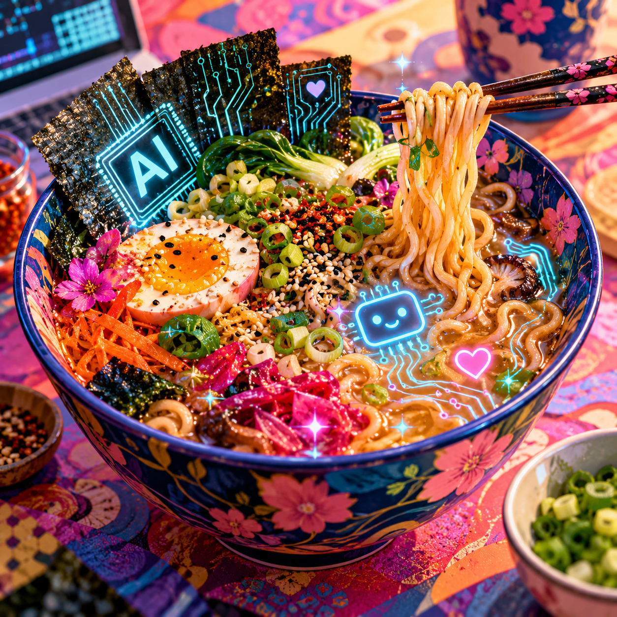 Bright, colorful illustration of a bowl of ramen blending food and artificial intelligence. Golden noodles, a soft-boiled egg, scallions, carrots, greens, mushrooms, and pink flowers fill a dark blue floral bowl. Glowing blue computer circuits and a smiling robot face appear in the broth, while sheets of seaweed display an illuminated “AI” symbol. Floral chopsticks lift noodles above the bowl. Neon pink, orange, purple, and blue create a playful, futuristic atmosphere.