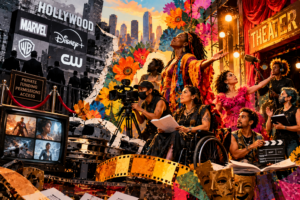 Vibrant collage contrasting corporate Hollywood with community theater. On the left, grayscale skyscrapers display major film and television logos behind velvet ropes. On the right, a diverse group of artists, including disabled and masked creatives, collaborate onstage and behind the camera. Bright flowers, film reels, theatrical masks, colorful costumes and golden light symbolize creativity and cultural resistance.