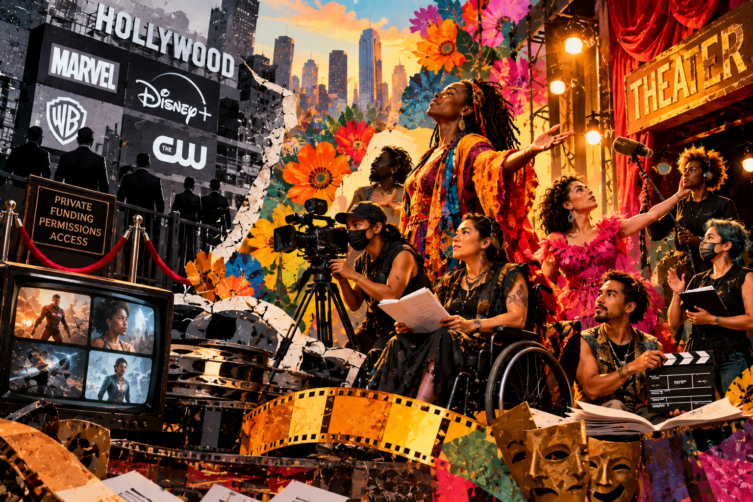 Vibrant collage contrasting corporate Hollywood with community theater. On the left, grayscale skyscrapers display major film and television logos behind velvet ropes. On the right, a diverse group of artists, including disabled and masked creatives, collaborate onstage and behind the camera. Bright flowers, film reels, theatrical masks, colorful costumes and golden light symbolize creativity and cultural resistance.