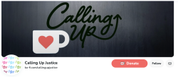 calling up justice logo on a kofi masthead